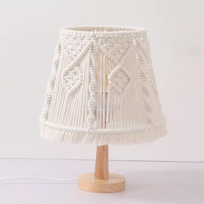 Boho Macrame Table Lamp – Handmade Bedside Light with Wooden Base, White Ivory Boho Decor for Bedroom, Living Room, Nursery – E26/E27 Compatible Nightstand Lamp – by Elvirka
