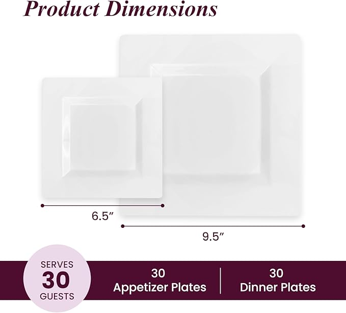 Aya's 60ct White Square Disposable Plates - Heavy Duty Plastic Party Plates for Christmas, Thanksgiving (30 Dinner & 30 Salad)