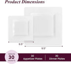 Aya's 60ct White Square Disposable Plates - Heavy Duty Plastic Party Plates for Christmas, Thanksgiving (30 Dinner & 30 Salad)