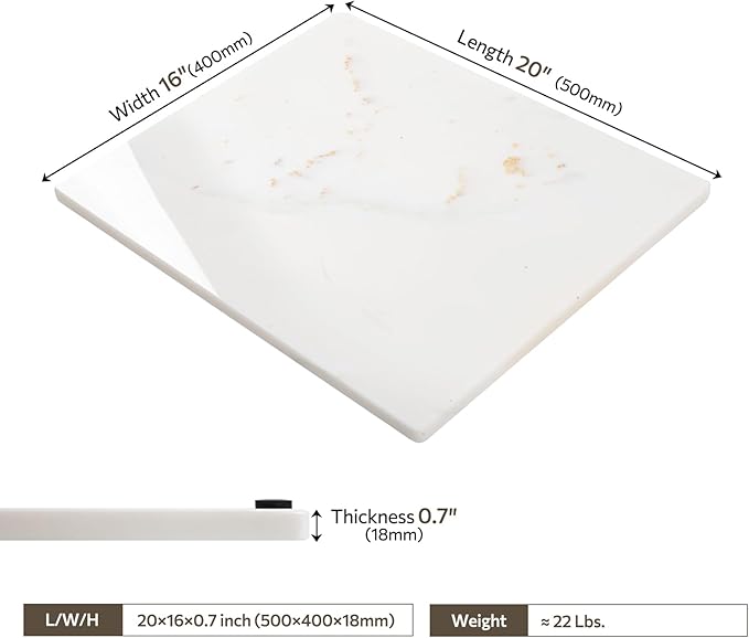 Natural Marble Cutting Board For Kitchen, 16 x 20 Inch White Marble Slab Pastry Board With Non-Slip Feet For Baking, Cheese, Charcuterie, Chocolate, Ares Gold