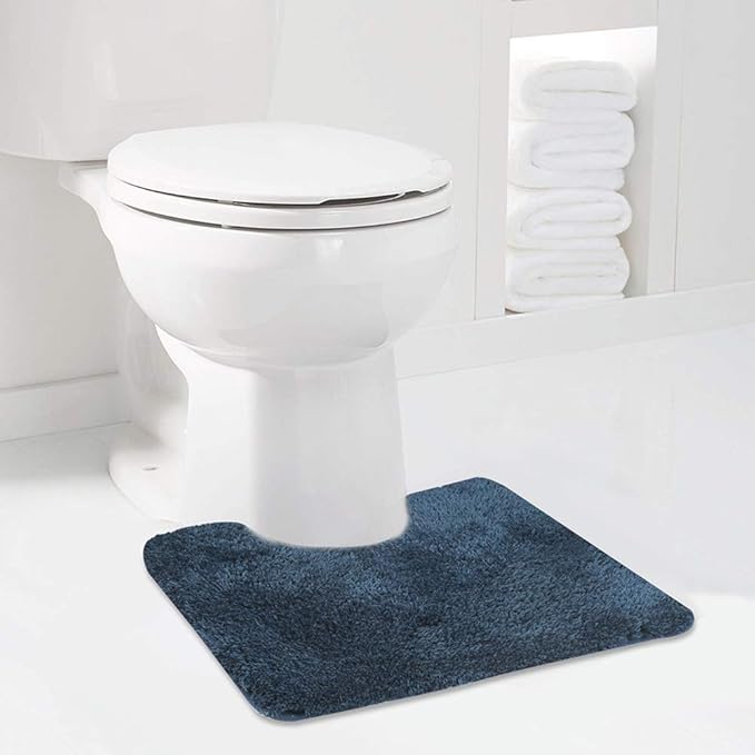 Walensee Contour Rug (20x24, Navy) Non Slip Bath Mat for Bathroom Water Absorbent Soft Microfiber Shaggy Mat Machine Washable U Shape Toilet Rug