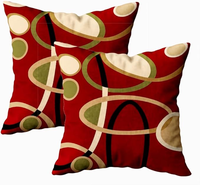 CAPSCEOLL Throw Pillow Cover Red Tan Black Geometric Circle Printing Pillowcase 20X20 Inch Set of 2 Home Decor Zipper Square Classic Style Pillowcase for Living Room
