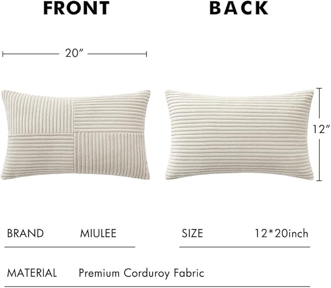 MIULEE 12x20 Inch Boho Lumbar Accent Pillows Set of 2 - Beige Corduroy Textured Throw Pillow Covers with Cross Patchwork Design, Soft Spliced Decorative for Sofa, Bed & Reading Nook