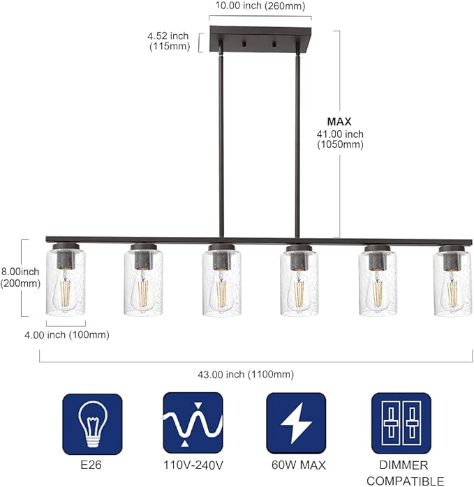TODOLUZ 6-Lights Farmhouse Chandelier Island Lighting with Seeded Glass Shade, Modern Hanging Ceiling Light Fixtures for Kitchen Bar in Oil Rubbed Bronze