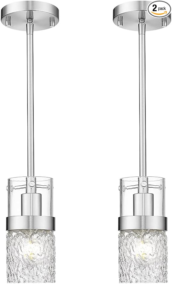LMS Brushed Nickel Pendant Lights Kitchen Island 2 Pack, Modern Glass Pendant Light Fixtures with Hammered Glass, Adjustable Mini Hanging Light for Kitchen Island Sink Bathroom, LMS-171BN2
