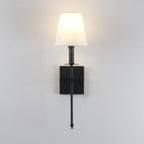 PERMO Set of 2 Classic Rustic Industrial Wall Sconce Lighting Fixture with Flared White Textile Lamp Shade and Black Tapered Column Stand, Hardwired, E26 Base