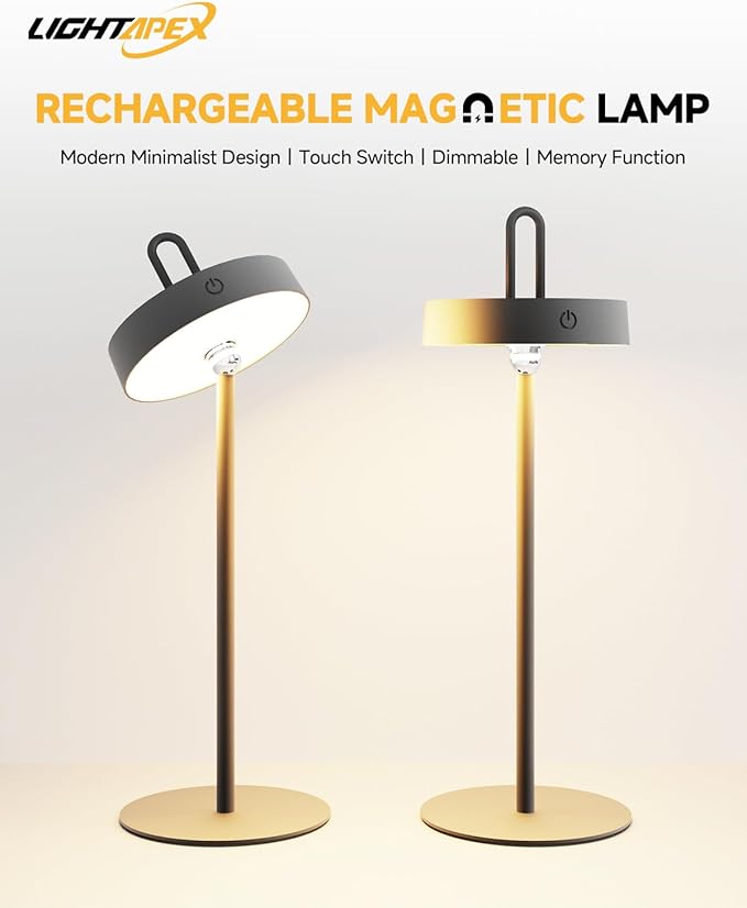 Lightapex Cordless Table Lamps, 2-Pack, Rechargeable Portable Lamps with Stepless Dimming, Touch Control, Detachable Magnetic Design for Bedroom, Living Room, and Reading（Black）