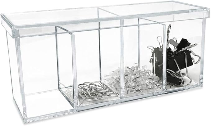 Isaac Jacobs 2-Pack 4-Compartment Clear Acrylic Organizers with Lid (9” L x 3” W x 4” H), Makeup Brush Holder, Sectional Tray, Storage Solution for Makeup, Crafts, Office Supplies & More (2, Clear)
