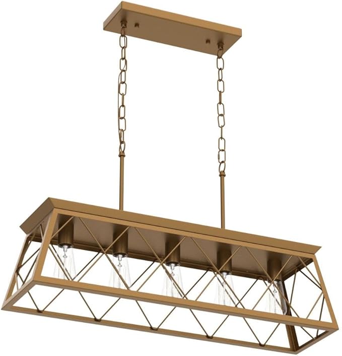 Q&S Modern Farmhouse Chandelier Light Fixtures,5-Lights Gold Linear Industrial Light Fixtures for Kitchen Island Bar Dining Table UL Listed