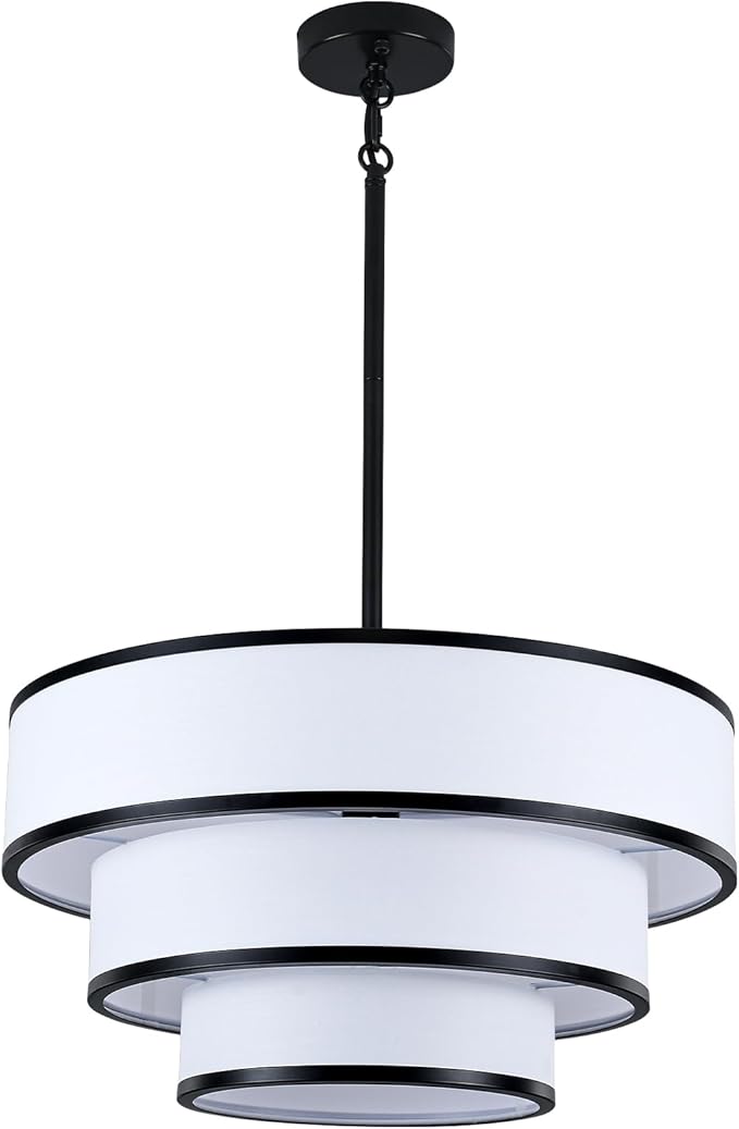 19.8'' Drum Chandelier for Dining Room Light Fixtures 5-Light White Fabric Pendant Light Fixture, Modern Farmhouse 3-Tier Black Chandelier for Living Room Bedroom Entryway Staircase