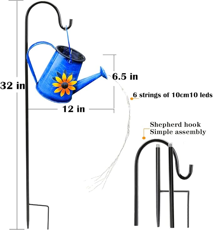 Blue Solar Watering Can with Light,Solar Powered Waterfall Lights 1 Pack 60 LED(Includes Shepherd Hook) for Garden,Yard, Path, Christmas Holiday Decoration