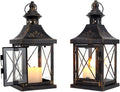 TRIROCKS Set of 2 Decorative Candle Lantern 11'' High Metal Candle Holder Hanging Lantern Perfect for Home Decor Halloween Living Room Parties Events Tabletop Indoors Outdoors (Black with Gold Brush)