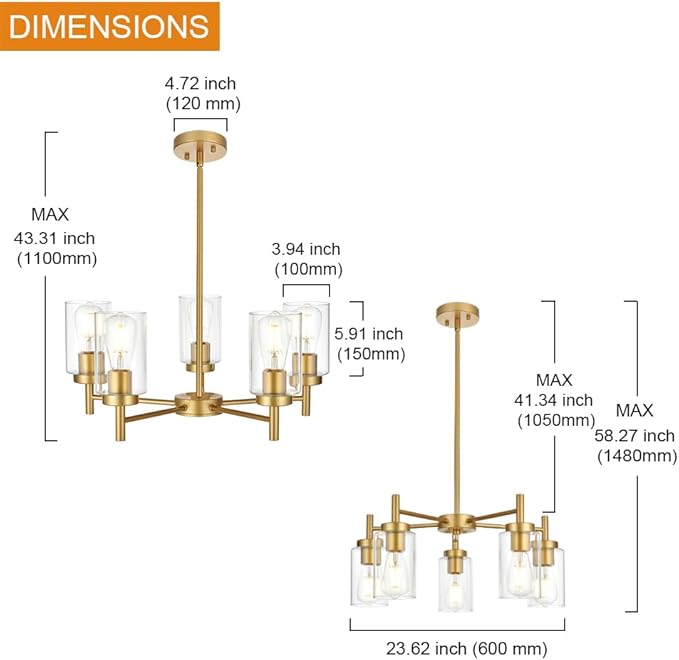 VINLUZ Retro Large Chandelier with Clear Glass Shade Metal Indoor Kitchen Island Pendant Lighting in Gold Finish Modern Light Fixture Hanging for Dining Room