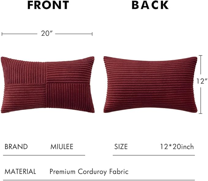 MIULEE Christmas Burgundy Corduroy Pillow Covers Pack of 2 Boho Decorative Spliced Throw Pillow Covers Soft Solid Couch Pillowcases Cross Patchwork Cushion Covers for Living Room Bed Sofa 12x20 inch