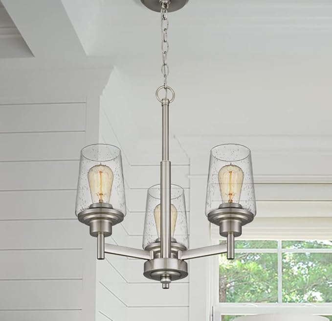 Jacob Modern 3-Light Chandelier Pendant Ceiling Light Brushed Nickle Seeded Glass Adjustable Height for Hallway, Entryway, Passway, Dining, Kitchen