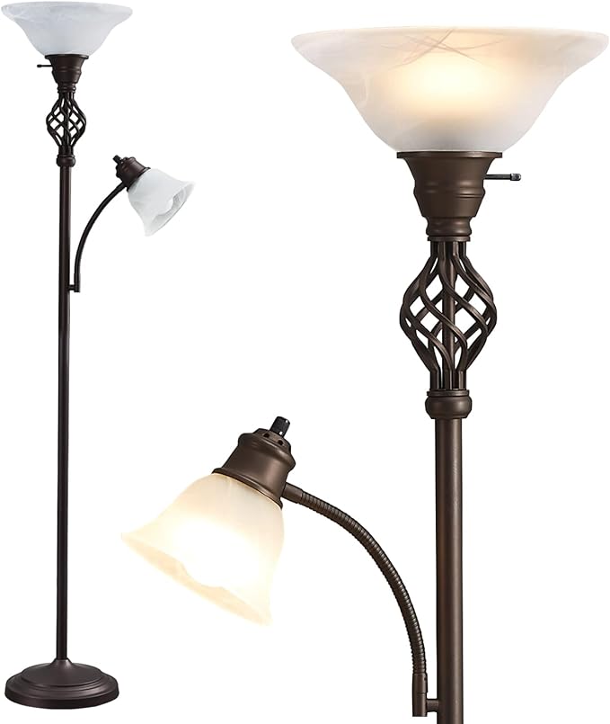 Torchiere Floor Lamp for Living Room, LED Standing Reading Light for Bedroom with Glass Shade for Living Room Corner Bedroom Home Office,Bulbs Included (Red Brown,Glass 2 Head)