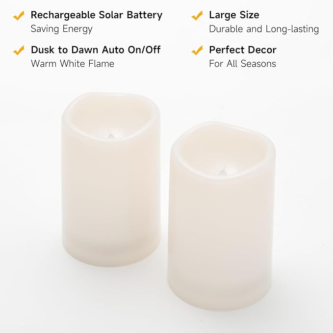 NURADA Large Outdoor Solar Candles Waterproof - 6" x 4" Rechargeable Solar Powered Flameless LED Pillar Flickering Candle for Patio Porch Lanterns Decor - Ivory White Set of 2
