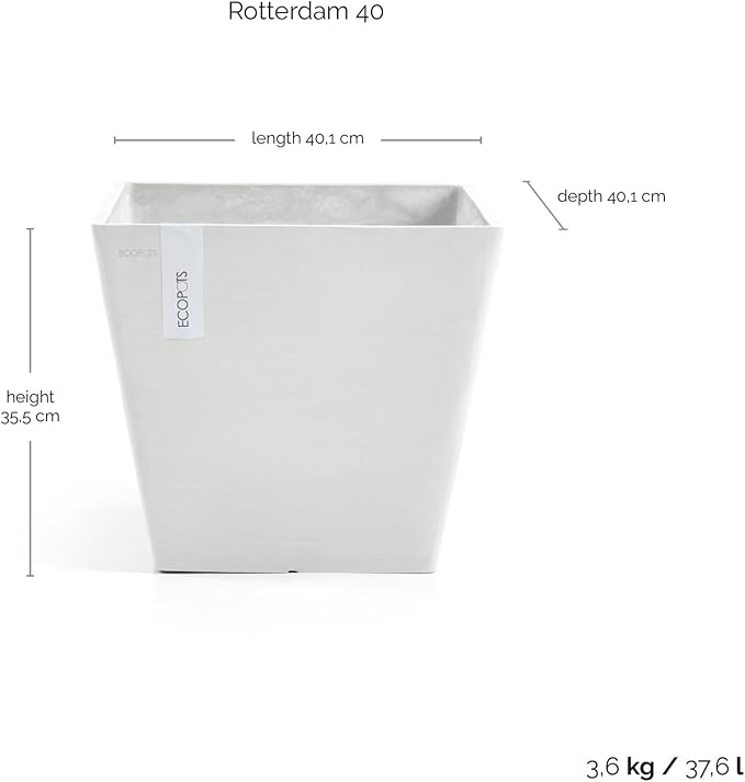 Ecopots Rotterdam Durable Modern Square Indoor/Outdoor Recycled-Based Composite Flower Planter, Pure White, 15.75"