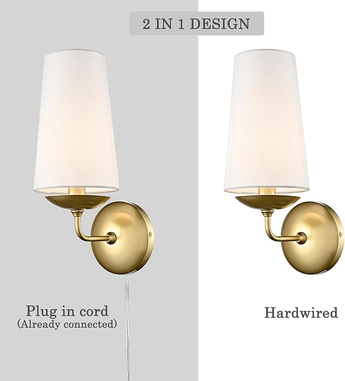 Modern Gold Wall Sconces Set of Two Linen Shade Plug in or Hardwire Wall Light Fixture for Bedroom, Living Room, Dining Room, Entryway
