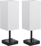 White Fully Dimmable Nightstand Lamps Set of 2 - Table Bedside Lamp with USB C+A Charging Ports & 2 AC Outlets, Square Lamp Sets Linen Fabric Shade for Bedroom Living Room(Bulb Included)