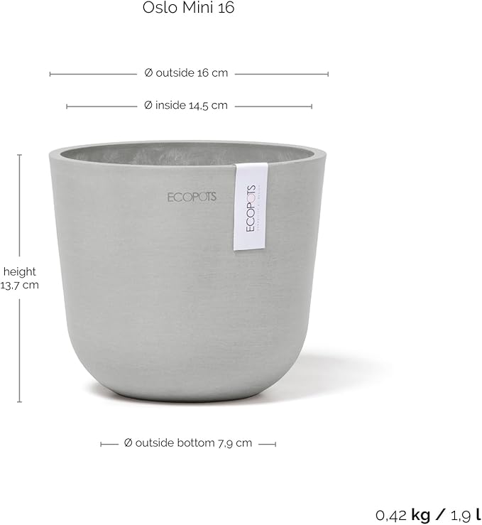 Ecopots Oslo Mini Durable Modern Round Indoor/Outdoor Recycled-Based Composite Flower Pot Planter, White Grey, 6"