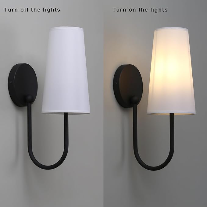 Yosoan White Fabric Shade Wall Sconce Set of 2, Vintage Industrial Hardwired Boho Wall Mounted with Long Cone Cloth Shade for Bedroom Living Room Mirror Aged Vanity(Black)