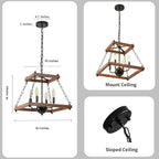 Farmhouse Walnut Chandelier with Chain,16 Inch Modern Geometric Rustic Vintage Hanging Pendant Ceiling Light Fixture for Dining Room Bedroom Kitchen Island Hallway Foyer Entryway