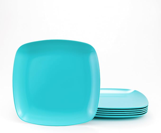 TP 10.5" Melamine Square Dinner Plates, 6-piece Plate Set Unbreakable Serving Dishes for Indoors and Outdoors, Unbreakable Dinner Service for 6, Teal