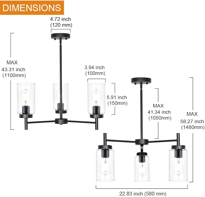 VINLUZ Farmhouse Chandeliers Black 3 Lights with Clear Glass Shades Modern Industrial Pendant Light Dining Room Lighting Fixtures Hanging Adjustable Wire Semi Flush Ceiling Lights