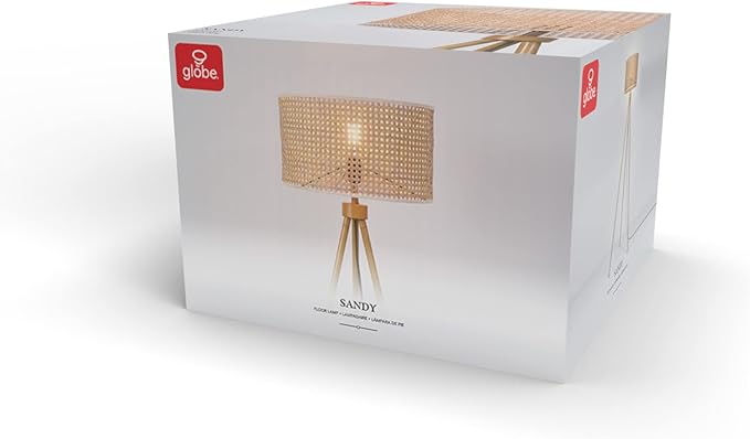 GLOBE Electric 65914 60" Floor Lamp, Faux Wood Tripod Base, Rattan Shade, On/Off Rotary Switch on Socket