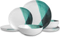 Melamine Plates and Bowls Set - 12pcs Dinnerware Dishes Set for 4, Dinner Plates for Indoor and Outdoor Use, Lightweight Break-resistant, Green & White