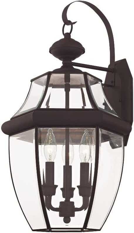 Livex Lighting 2351-07 Monterey 3 Light Outdoor Bronze Finish Solid Brass Wall Lantern with Clear Beveled Glass