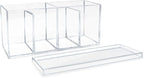 Isaac Jacobs 2-Pack 4-Compartment Clear Acrylic Organizers with Lid (9” L x 3” W x 4” H), Makeup Brush Holder, Sectional Tray, Storage Solution for Makeup, Crafts, Office Supplies & More (2, Clear)