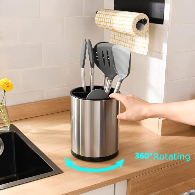 RedCall Stainless Steel Cooking Utensil Holder,360° Rotating Kitchen Utensil Holder,Extra Large Spatula Spoon Holder Counter,Weighted Base Utensil Caddy Storage Organizer for Countertop