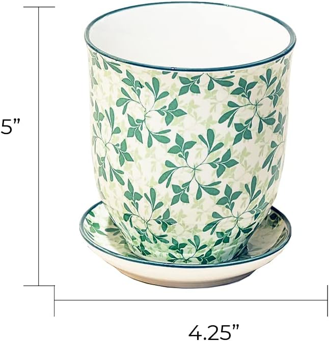 CHIVE ‘Liberte’ Ceramic Succulent Pots — 4.25” Cute Vintage Farmhouse Style Planters for Indoor Plants — Beautiful Home & Kitchen Decor — Green Leaves