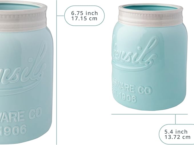 Comfify Wide Mouth Mason Jar Utensil Holder Decorative Kitchenware Organizer Crock, Dishwasher Safe - Kitchen Caddy Aqua Blue for Countertop, Large Size 7" Hight