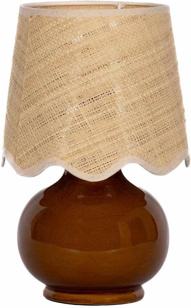 BoutiqueRugs Navarro Boho Ceramic Bedside Table Lamp for Bedroom Nightstand and Living Room - Shade Rattan - Brown, Rust, Beige - 13" H