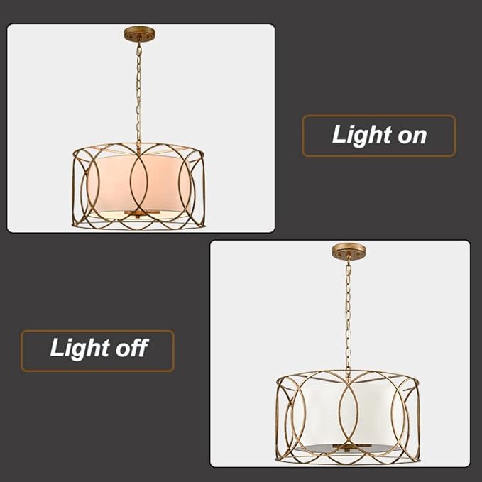 HYDELITE Brass Drum Pendant Light Drum Chandelier 3-Light Dining Table Fixture with White Linen Diffuser