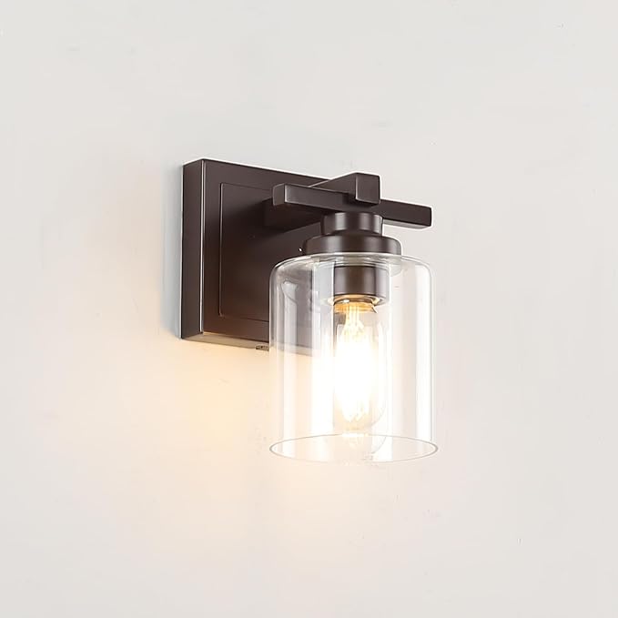 1 Light Modern Bathroom Light Fixtures Over Mirror, Bronze Finish Vanity Lights for Bathroom Wall Sconces with Clear Glass Shades, E26 Socket (Bulbs Not Included)