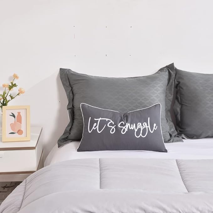 Sunkifover Let's Snuggle Decorative Lumbar Pillow Cover - 12x20 Inch Dark Grey Cotton Embroidery Throw Pillowcase for Bed, Bedroom, Living Room, Home Decor
