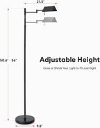 VONLUCE Dimmable LED Floor Lamp, 56" Floor Lamp for Living Room with Adjustable Height Swing Arms 3 Color Temperatures, Industrial Standing Pole Lamp for Bedroom Reading, Black