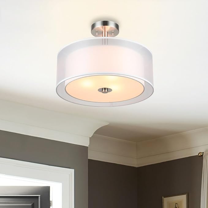 XiNBEi Lighting Semi Flush Mount Ceiling Light, 3 Light Close to Ceiling Light with Fabric Shade, 16" Drum Semi Flush Ceiling Light in Brushed Nickel for Living Room & Bedroom XB-SF1194-BN