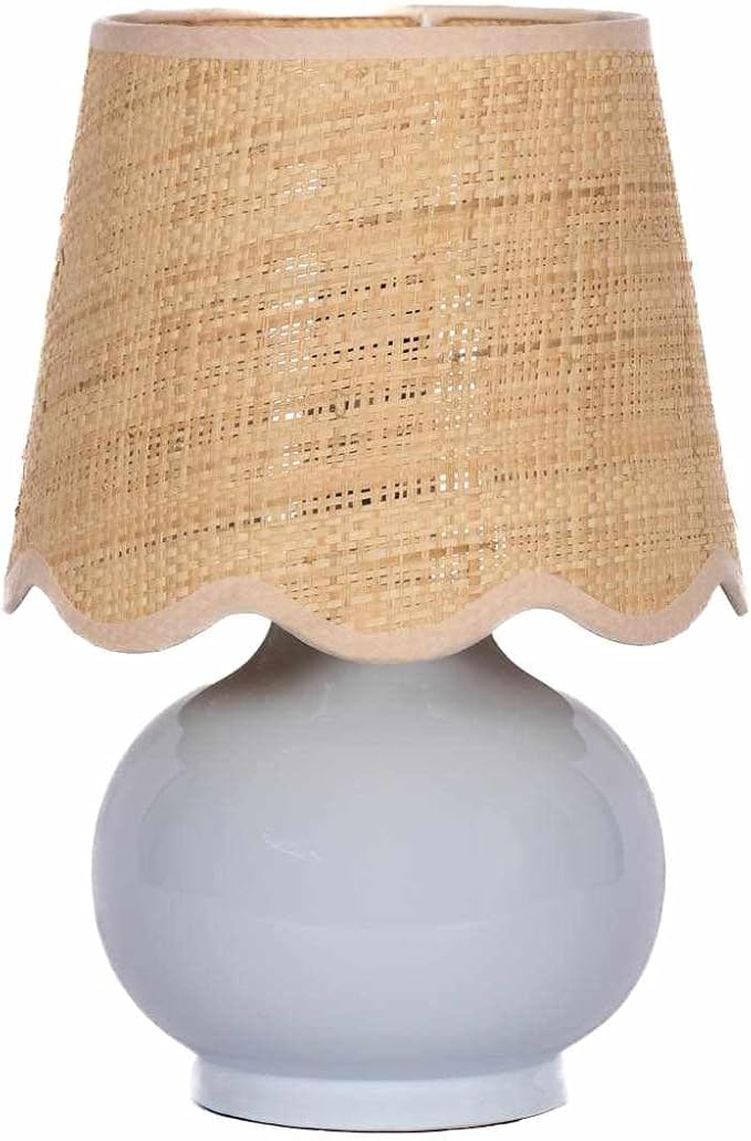 BoutiqueRugs Navarro Boho Ceramic Bedside Table Lamp for Bedroom Nightstand and Living Room - Shade Rattan - Blue, Beige - 13" H