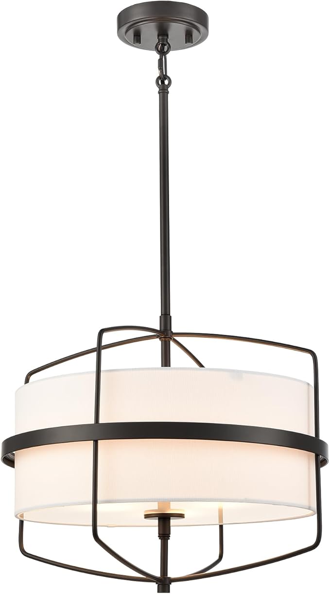 DAYCENT Modern Black Pendant Lights Kitchen Island 3-Light Drum Shade Pendant Light Fixtures 16" H Farmhouse Matte Black Pendant Light with Fabric Shade, Adjustable Height