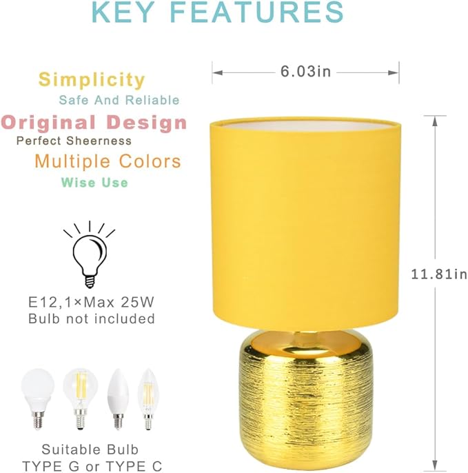Lampwell Beno Small Table Lamp for Living Room as Bedside Table Lamp for Bedroom,Modern Ceramic Table Lamp,Kids Table Lamp,Night Table Lamp,Φ6.3×H11.81IN,Bulb Excluded,Yellow Gold Table Lamp