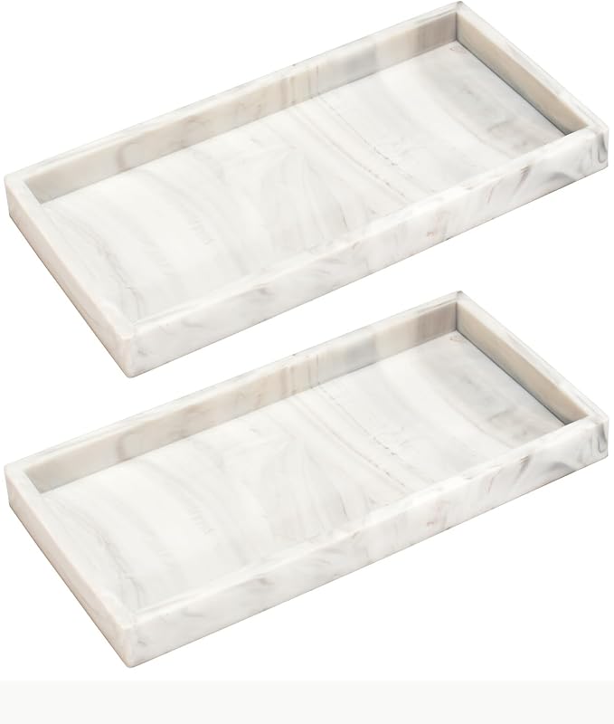 DNC 2PC 7.9" Small Silicone Bathroom Tray for Counter, Vanity Tray for Countertop, Kitchen Sink Soap Tray for Dish Holder Dispenser Toilet Tank Desk Organizer Marble White