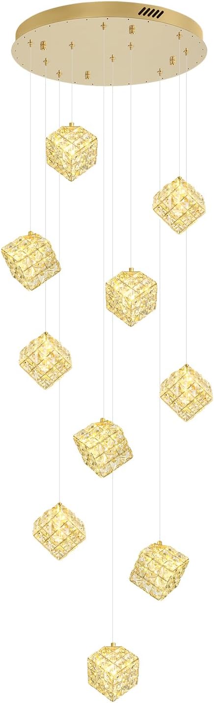 10-Lights LED Staircase Chandelier Modern Foyer Crystal Chandeliers Large Gold Chandelier for High Ceilings,Crystal Pendant Light for Living Room Stairwell Dining Room Entryway