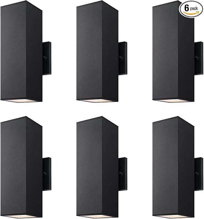mirrea Modern Outdoor Porch Light Patio Light in 2 Lights with Aluminum Rectangular Tube and Tempered Glass Cover Waterproof Wall Sconce 6 Pack (Matte Black)