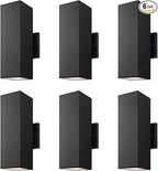 mirrea Modern Outdoor Porch Light Patio Light in 2 Lights with Aluminum Rectangular Tube and Tempered Glass Cover Waterproof Wall Sconce 6 Pack (Matte Black)
