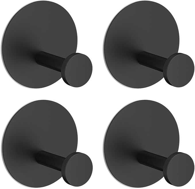 Towel Hooks for Bathroom (4 Pack) Adhesive Towel Hook Shower Hooks for Inside Shower - Sticky Bathroom Wall Hooks for Hanging Towels, Robe, Loofah, Bath Sponge (Style 2 - Black)